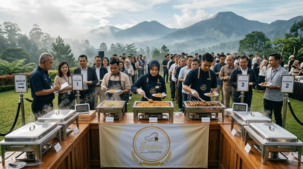 Layanan catering gathering di Puncak Bogor dengan setup prasmanan untuk event perusahaan