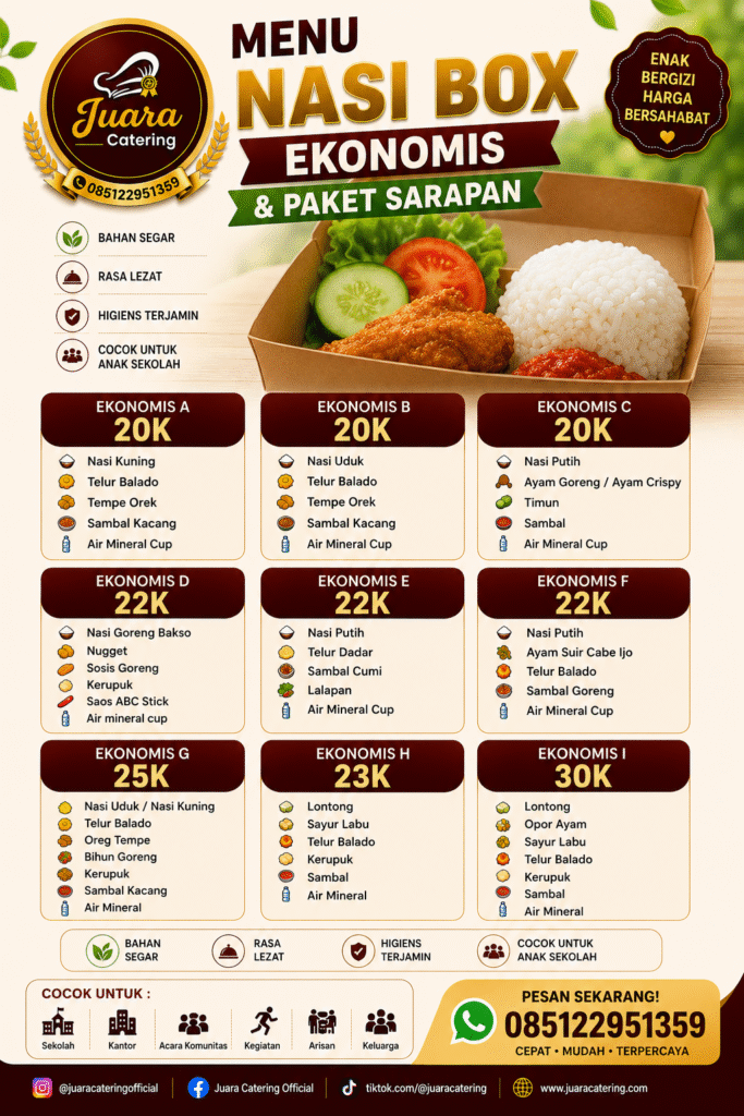 Flyer menu nasi box ekonomis dan paket sarapan Juara Catering dengan pilihan paket dan harga