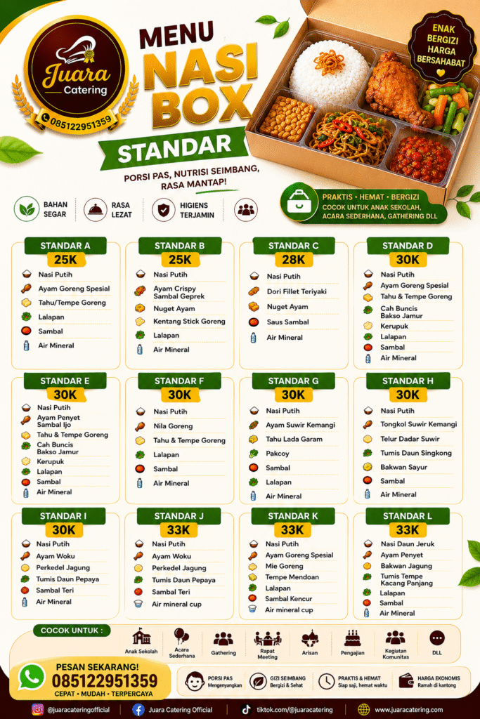 Flyer menu nasi box standar Juara Catering dengan paket Standar A–L dan daftar isi menu