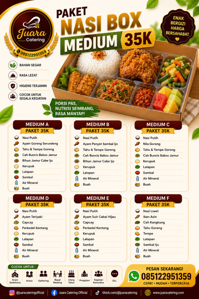 Poster menu paket nasi box medium 35K Juara Catering lengkap dengan pilihan paket dan lauk