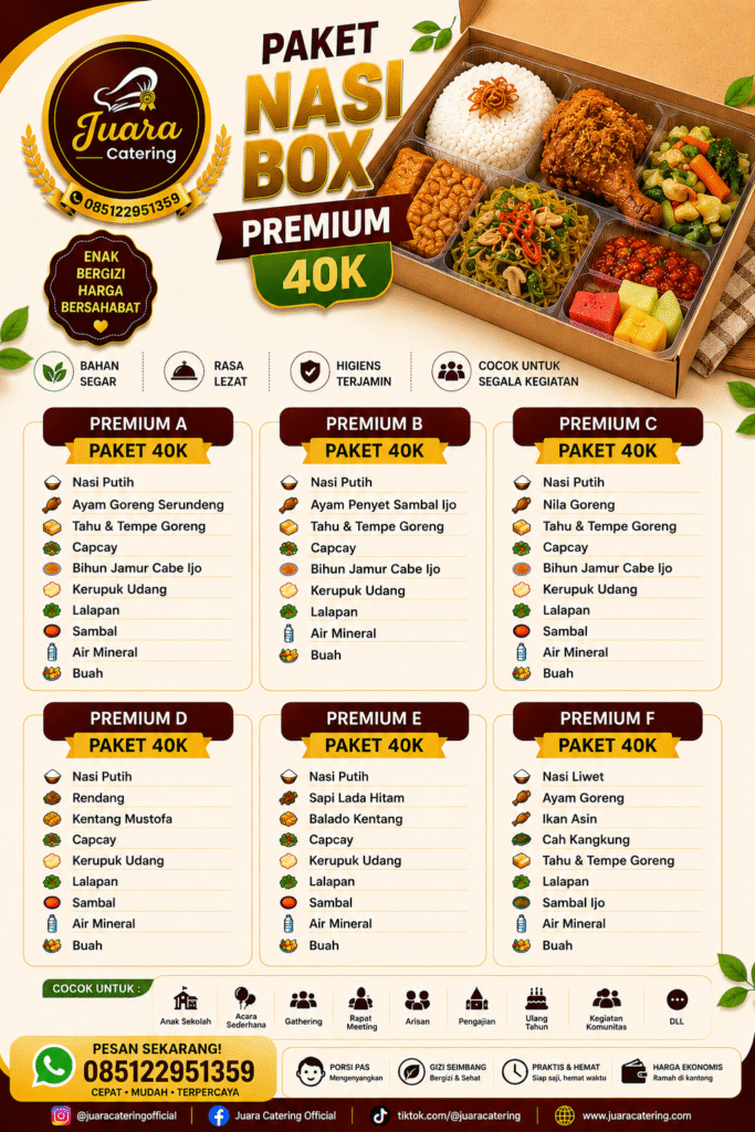 Flyer menu paket nasi box premium 40K Juara Catering dengan pilihan paket premium dan komposisi menu