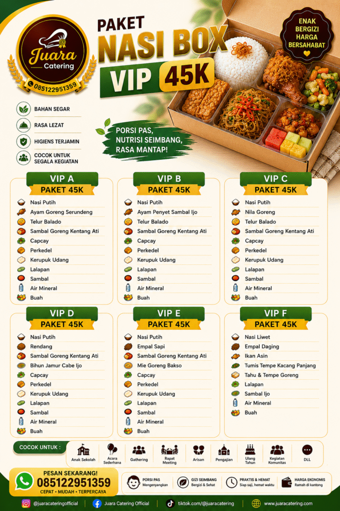 Poster menu paket nasi box VIP 45K Juara Catering dengan beberapa varian paket VIP dan isi menunya