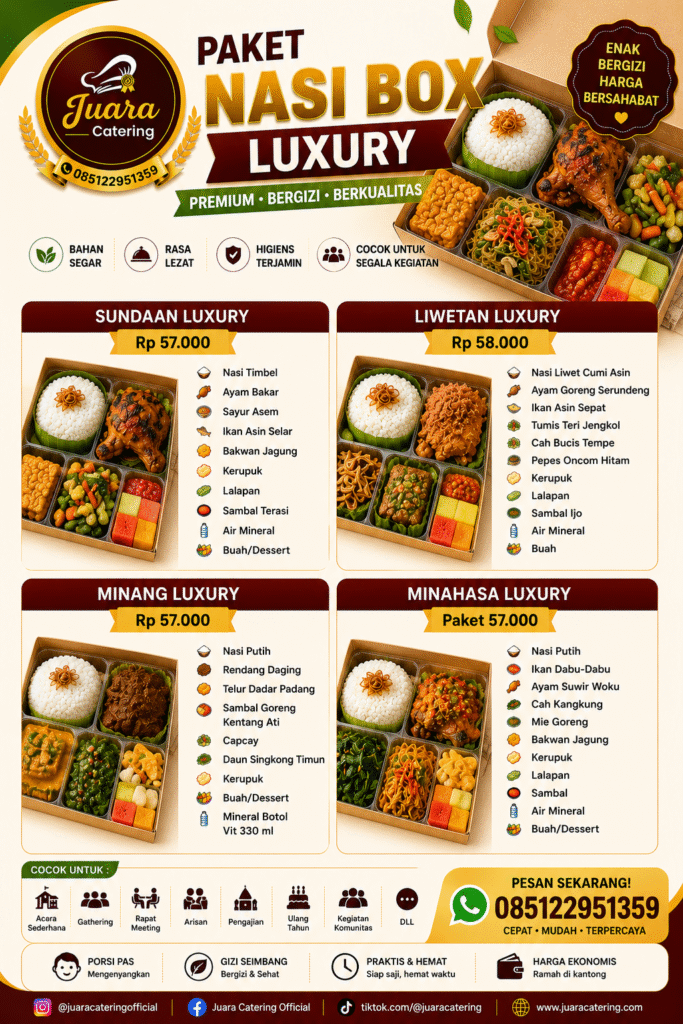 Flyer paket nasi box luxury Juara Catering dengan varian Sundaan, Liwetan, Minang, dan Minahasa luxury