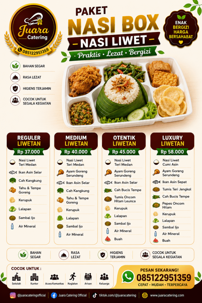 Poster paket nasi box nasi liwet Juara Catering dengan kategori reguler, medium, otentik, dan luxury.