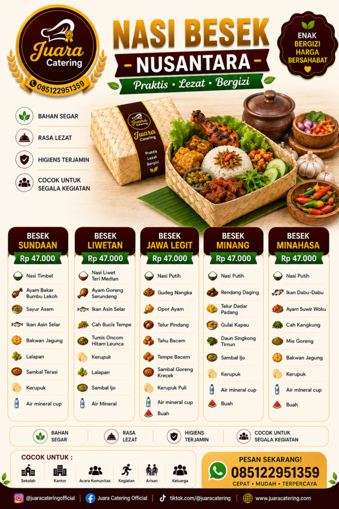 Flyer menu nasi besek nusantara Juara Catering dengan pilihan Besek Sundaan, Liwetan, Jawa Legit, Minang, dan Minahasa