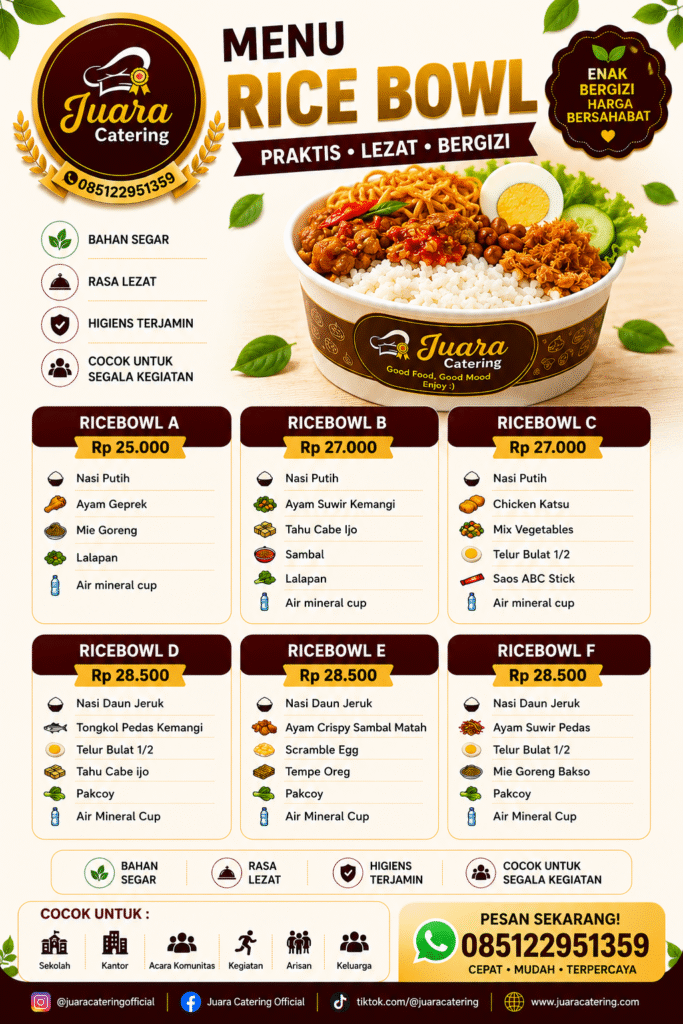 Flyer menu rice bowl Juara Catering dengan pilihan ricebowl A–C dan variasi nasi daun jeruk