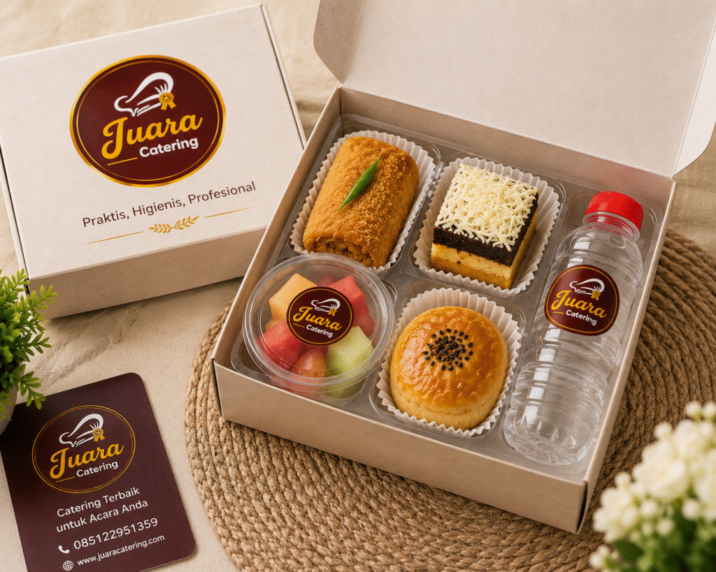 Snack box acara kantor Juara Catering dengan tampilan elegan dan isi lengkap.