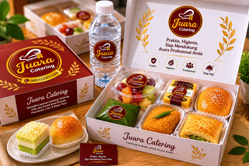 Snack box seminar profesional Juara Catering lengkap dengan snack manis, gurih, dan air mineral.