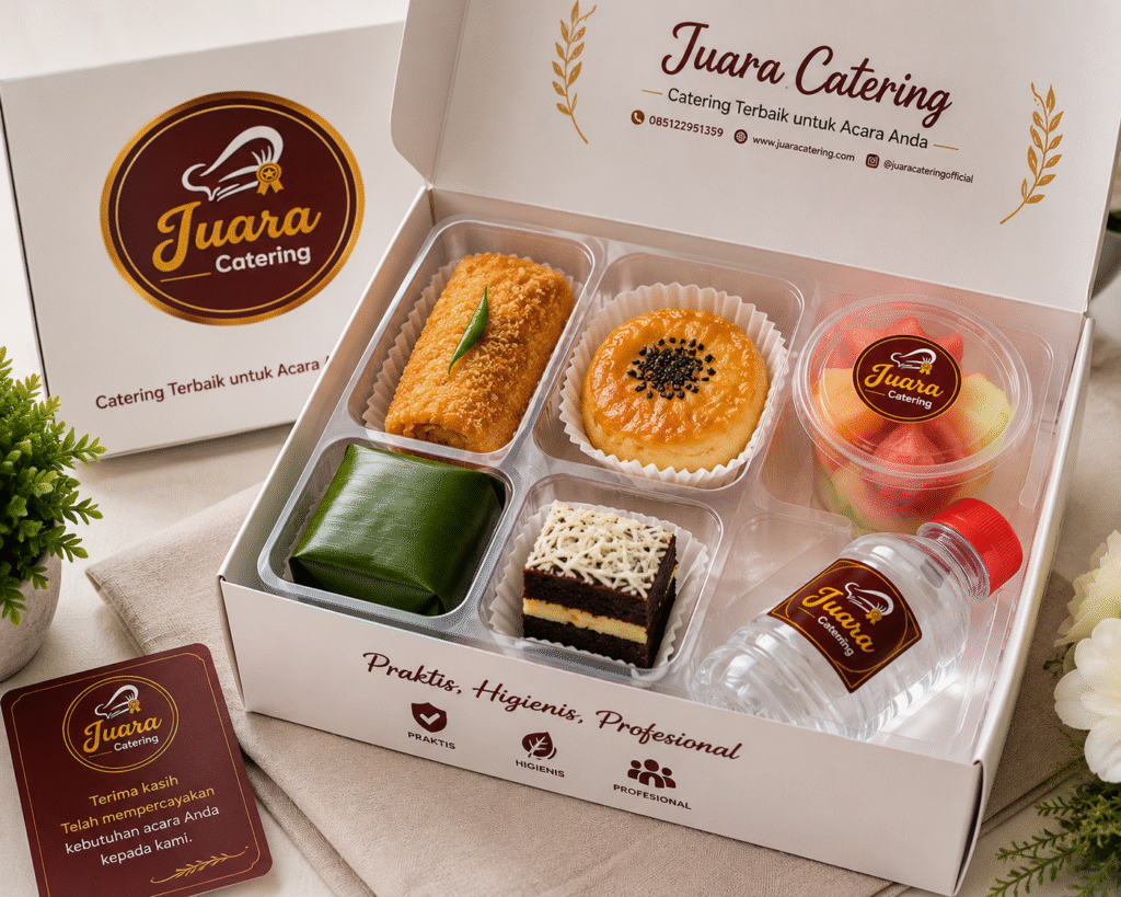 Snack box Juara Catering untuk gathering villa di Puncak dengan kemasan eksklusif.