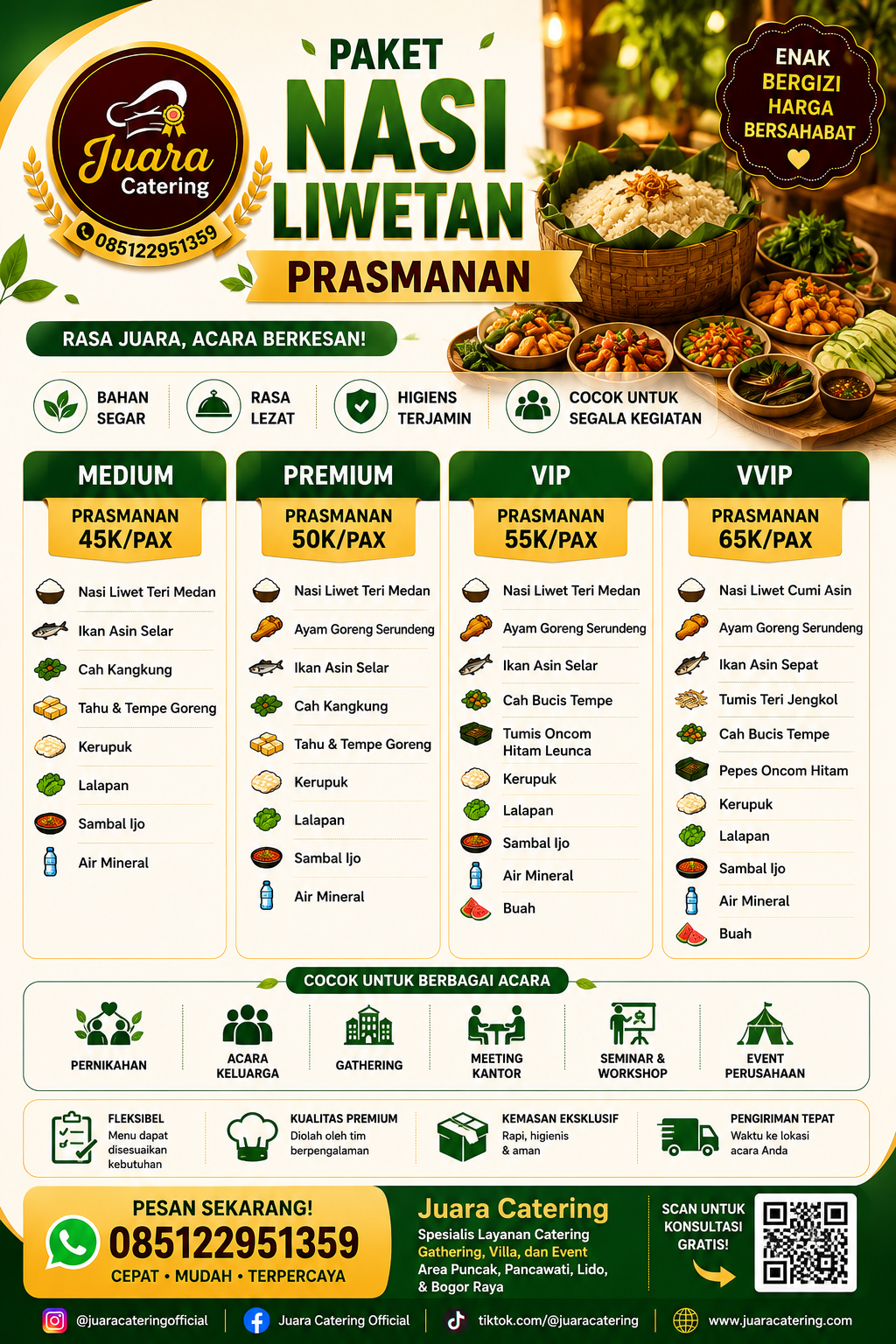Paket Nasi Liwetan Prasmanan Juara Catering untuk kebutuhan acara kantor, gathering, sekolah, dan event di Bogor.