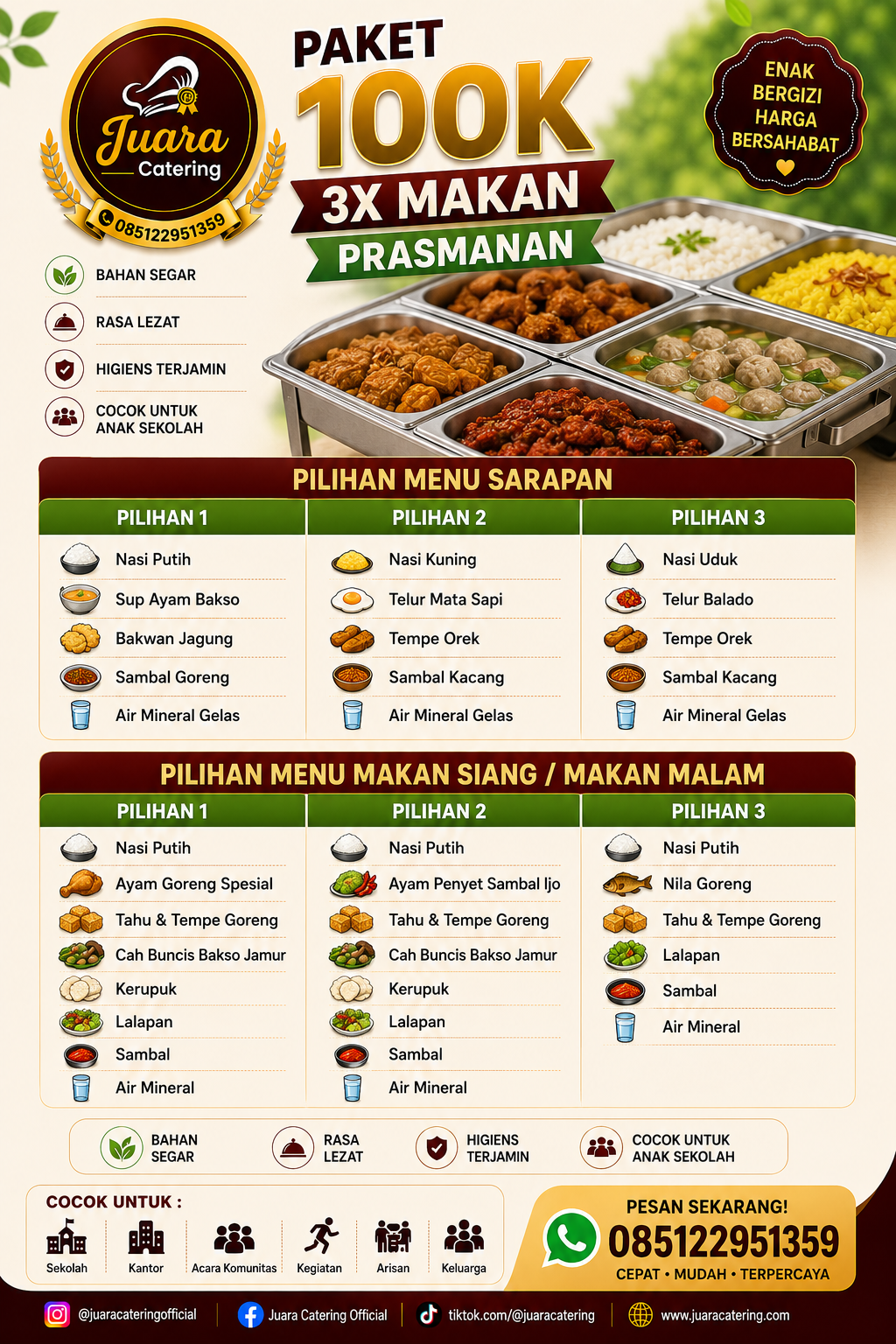 Prasmanan Paket 100K 3x Makan Juara Catering untuk layanan prasmanan acara kantor, villa, dan gathering.