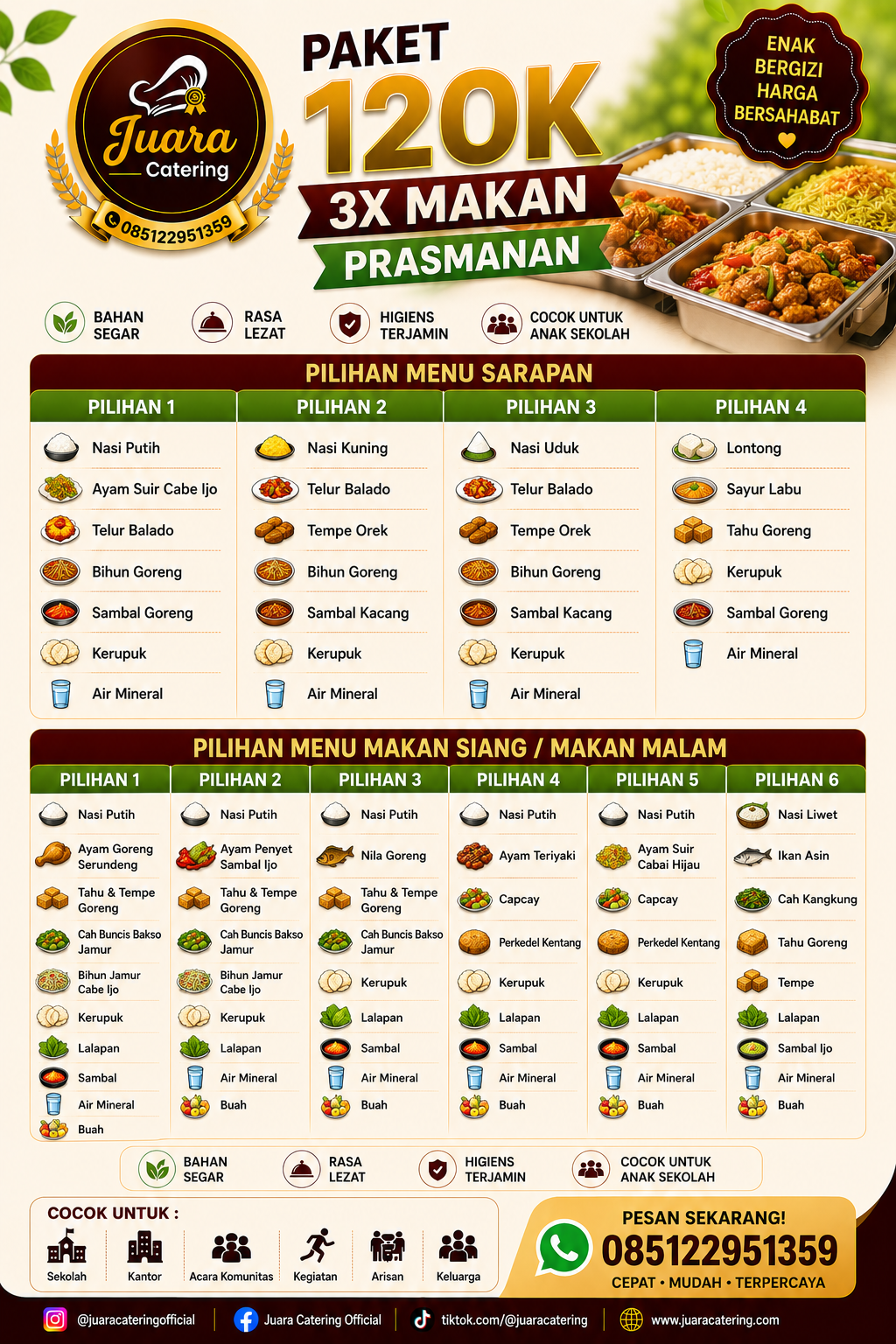 Prasmanan Paket 120K 3x Makan Juara Catering untuk layanan prasmanan acara kantor, villa, dan gathering.