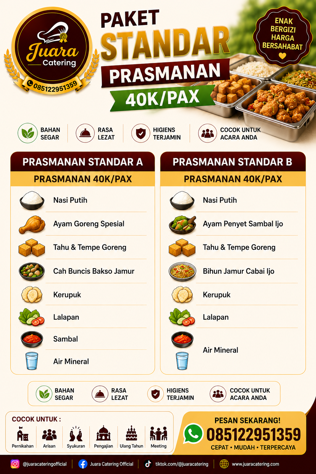 Prasmanan Standar 40K per Pax Juara Catering untuk layanan prasmanan acara kantor, villa, dan gathering.