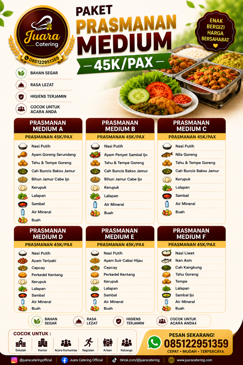 Prasmanan Medium 45K per Pax Juara Catering untuk layanan prasmanan acara kantor, villa, dan gathering.