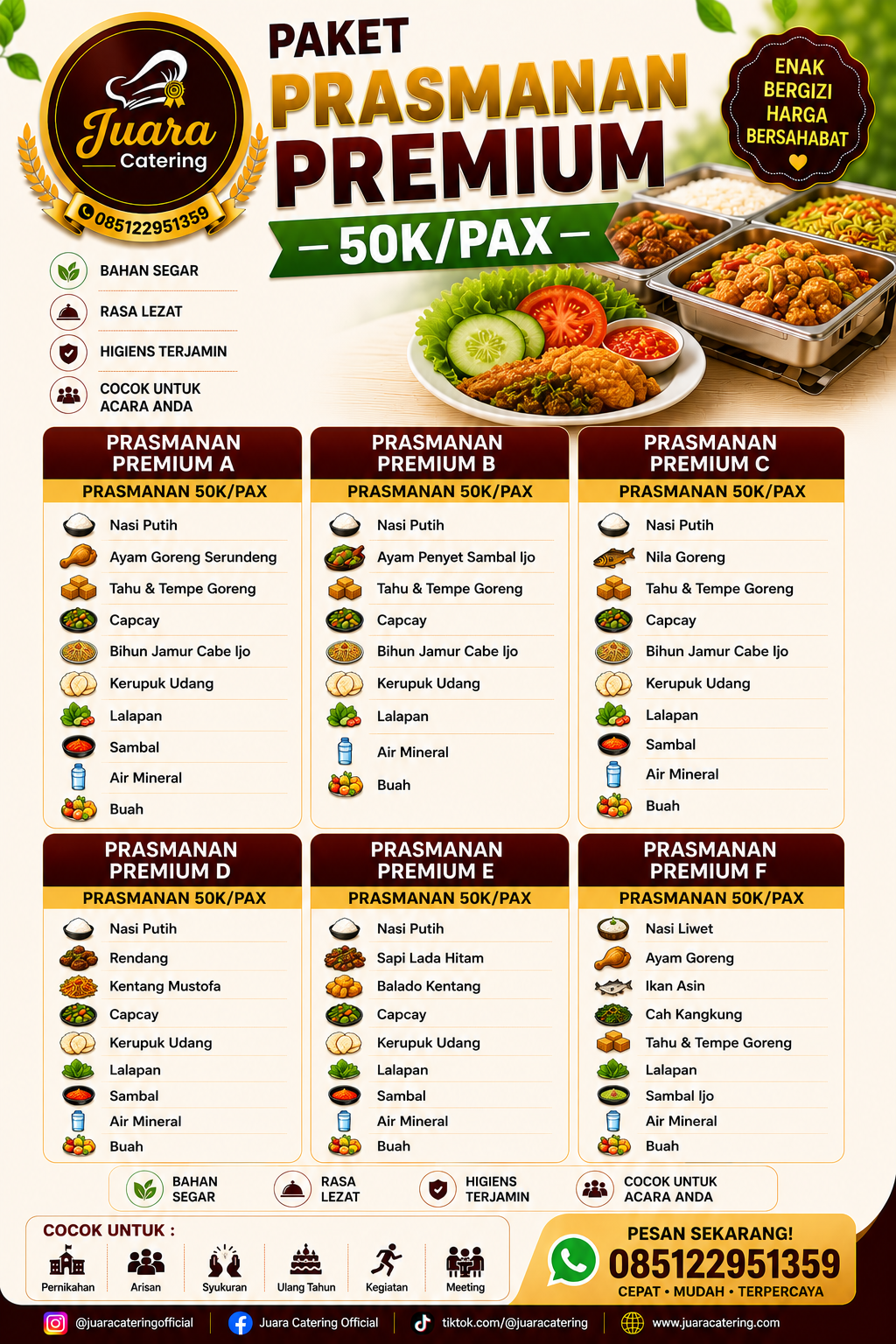 Prasmanan Premium 50K per Pax Juara Catering untuk layanan prasmanan acara kantor, villa, dan gathering.