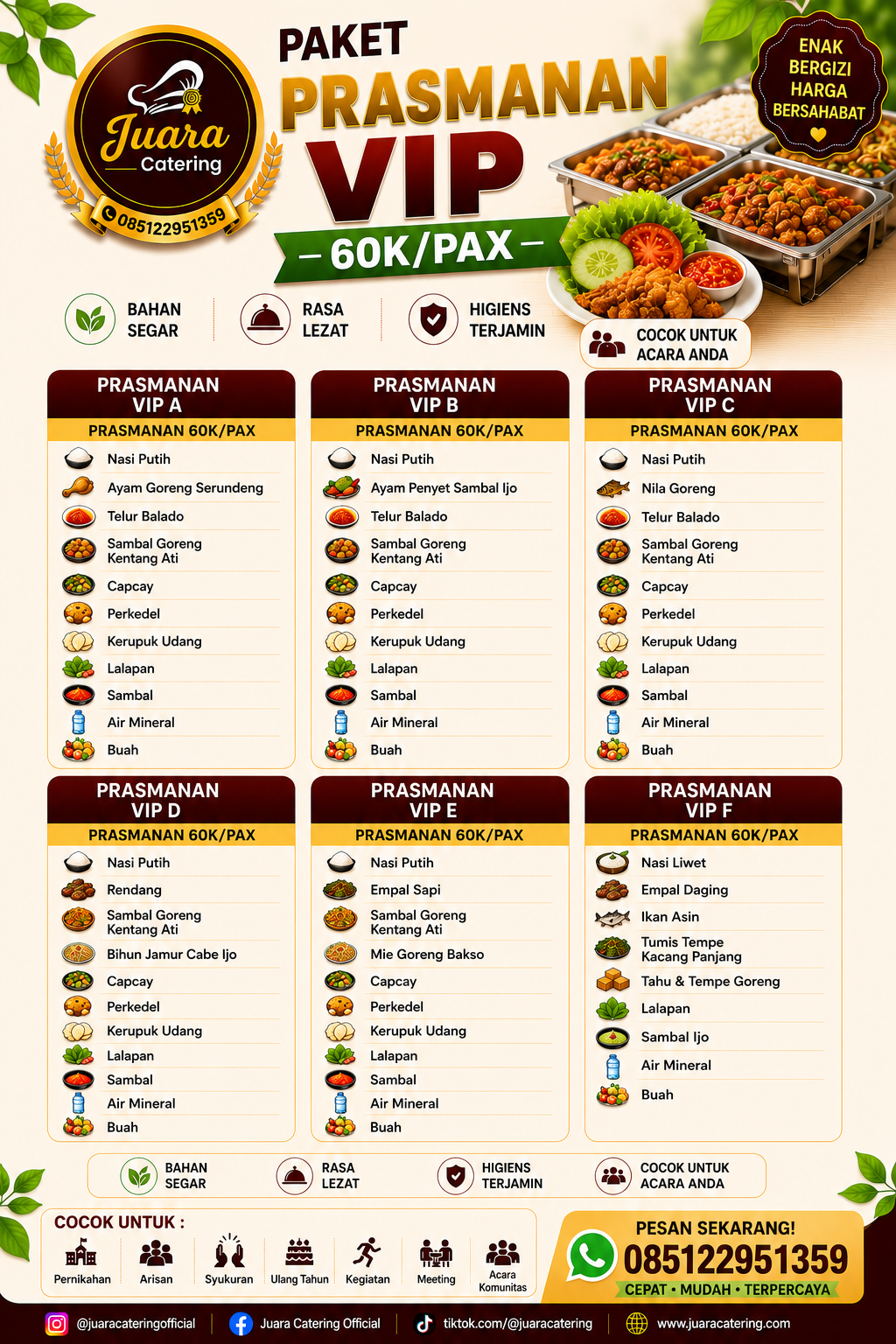 Prasmanan VIP 60K per Pax Juara Catering untuk layanan prasmanan acara kantor, villa, dan gathering.
