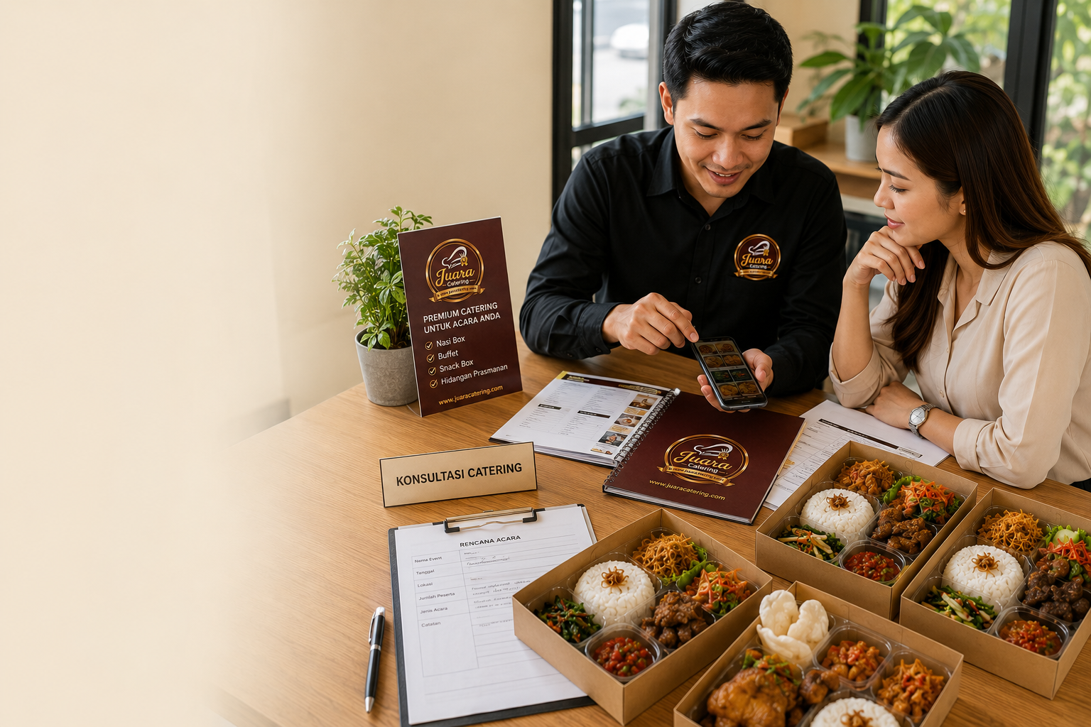 Konsultasi menu Juara Catering untuk persiapan pemesanan snack box acara keluarga di Caringin Bogor.