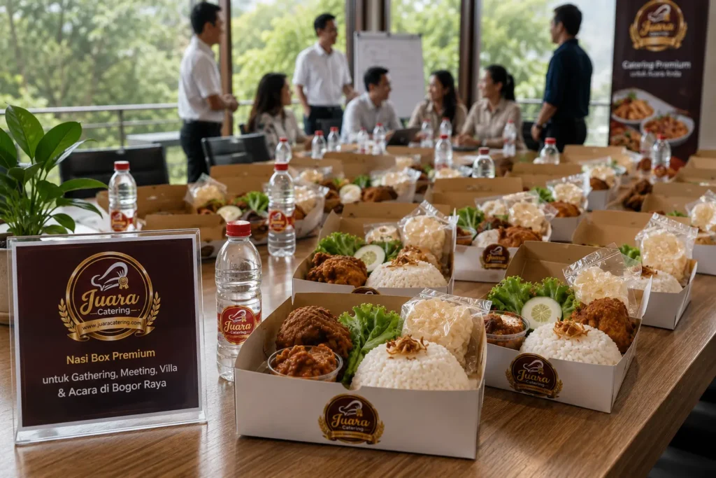 Layanan nasi box Bogor dari Juara Catering untuk gathering perusahaan, meeting kantor, seminar, workshop dan acara villa Puncak.