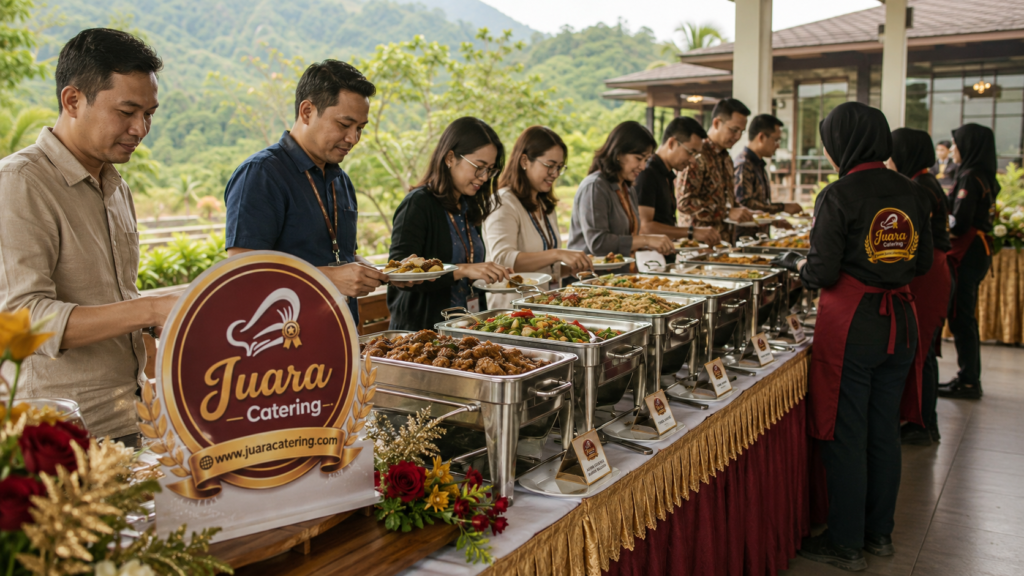 Ilustrasi peserta gathering antre prasmanan Juara Catering dengan alur buffet yang tertata