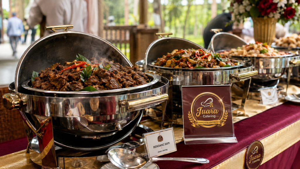 Ilustrasi close-up hidangan prasmanan Juara Catering dengan menu tag dan aksen burgundy gold