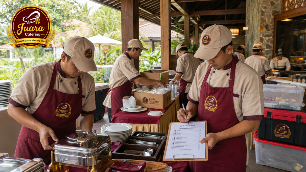 Ilustrasi staf Juara Catering menyiapkan meja prasmanan sebelum acara gathering dimulai