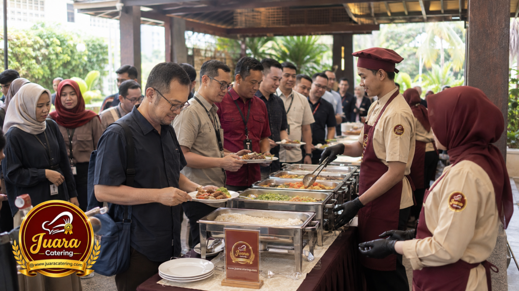 Ilustrasi meja prasmanan Juara Catering untuk gathering rombongan di area resort Pancawati