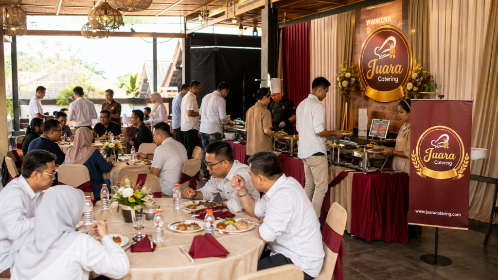 Ilustrasi peserta gathering menikmati prasmanan Juara Catering setelah sesi acara